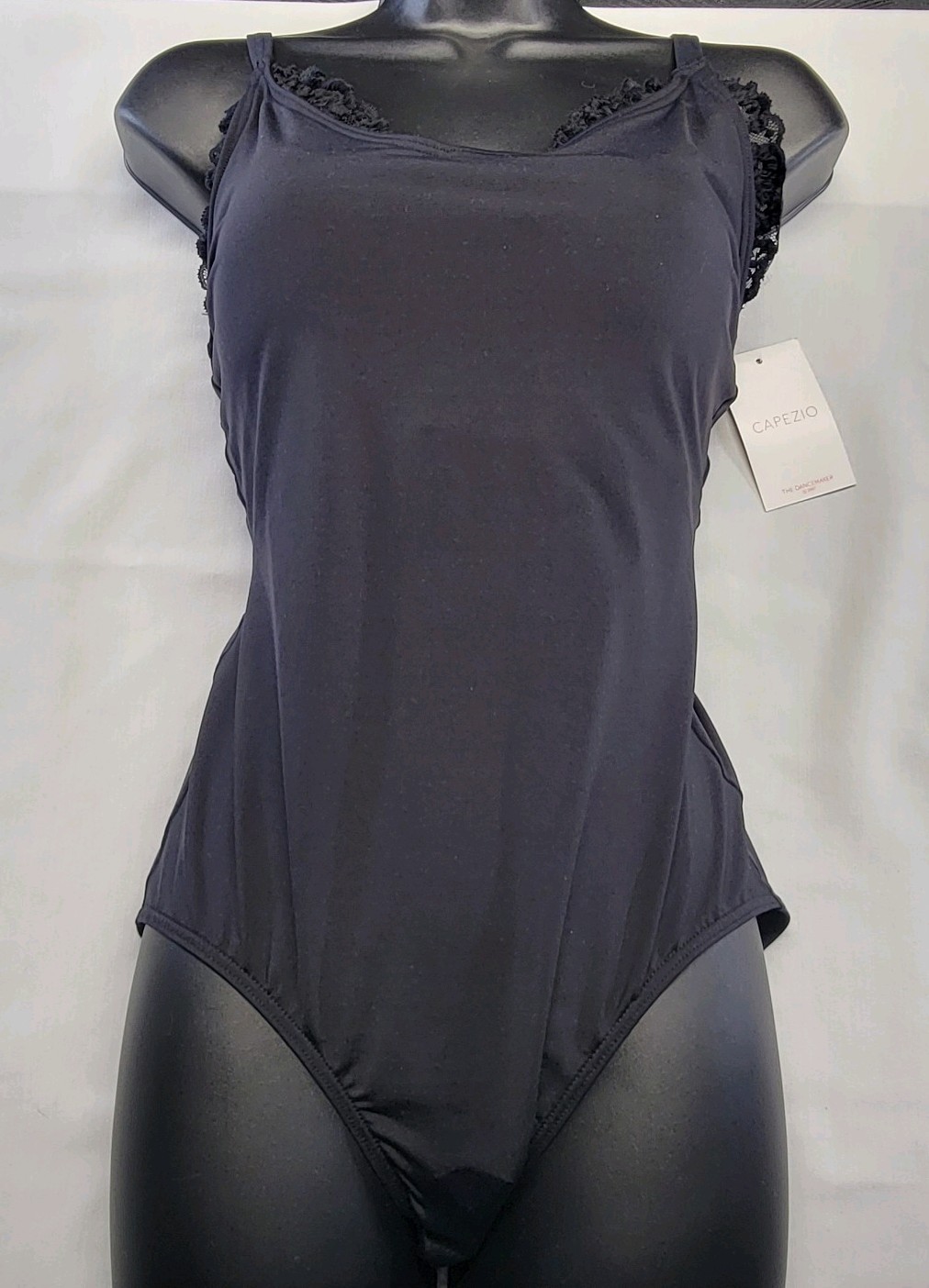 Capezio Encore Leotard Black Scoop Neckline lace Trim Details Front & Back SZ LA