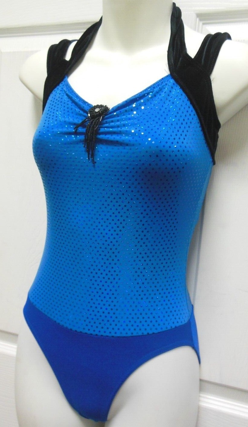 NWOT Royal Foil Sparkle leotard w/ Black Velvet straps pinch front ch/ladies