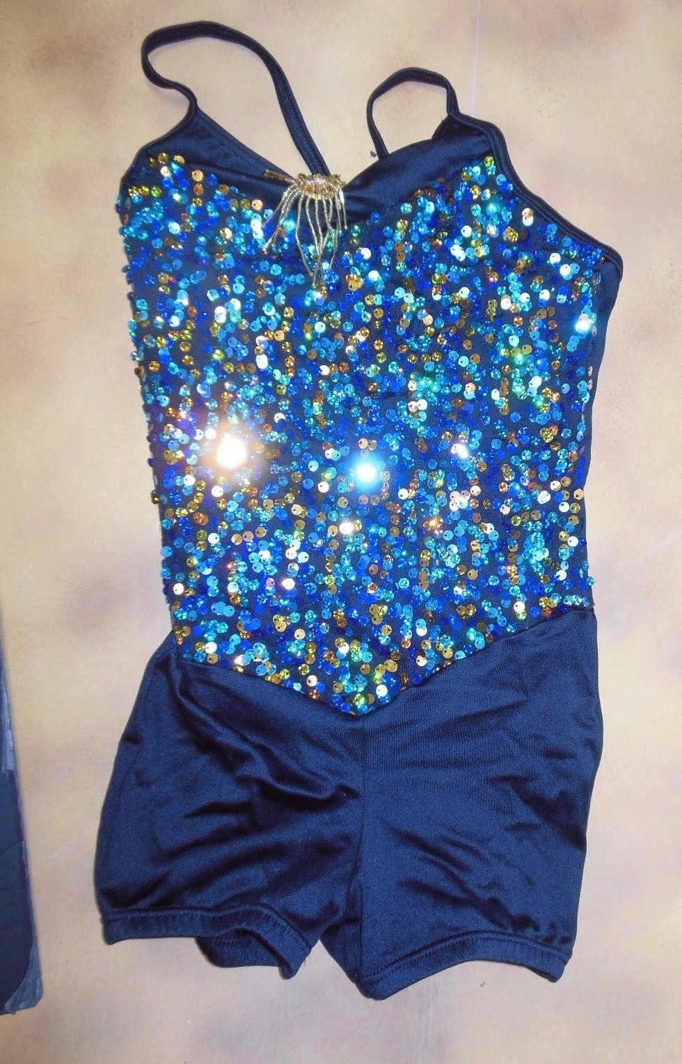 Dance Sequin Foil Spandex Shorty Unitard Blues Gold Petite Adult Costume Baton