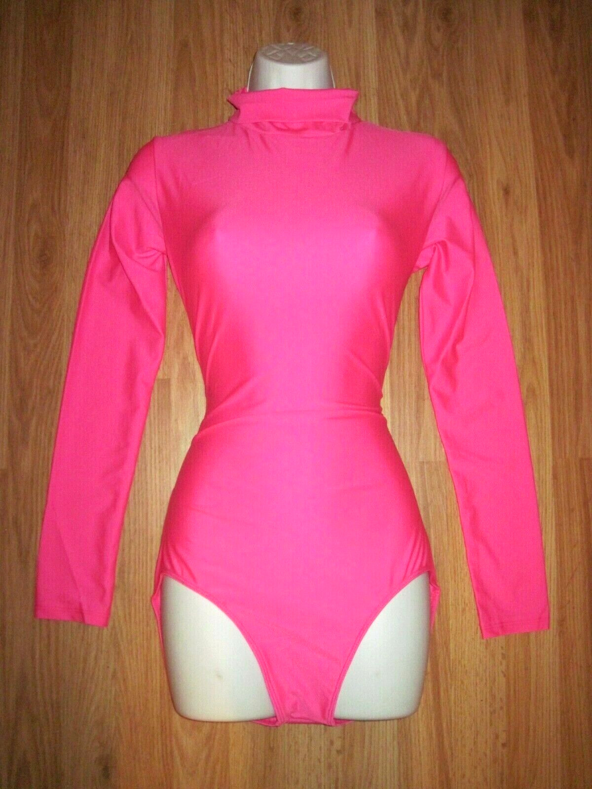 Woman’s Plus Size Shiny Hot Pink Spandex Long Sleeve T-Neck Leotard Size 2XL New