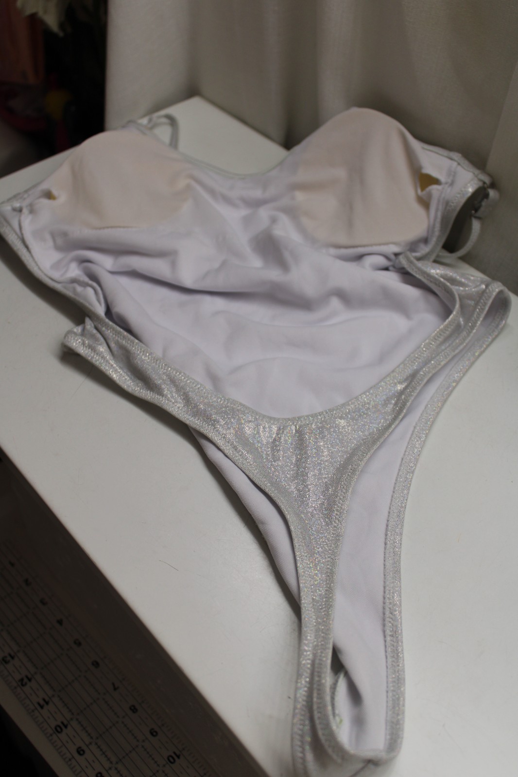 Light Silver Padded Holographic Rainbow Low Cross Back Body Suit RaveDanceFest M