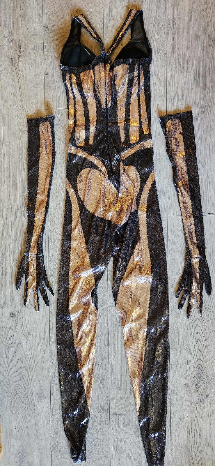 Black and Gold Sequin Bodysuit and Gloves Size Small – 2/4