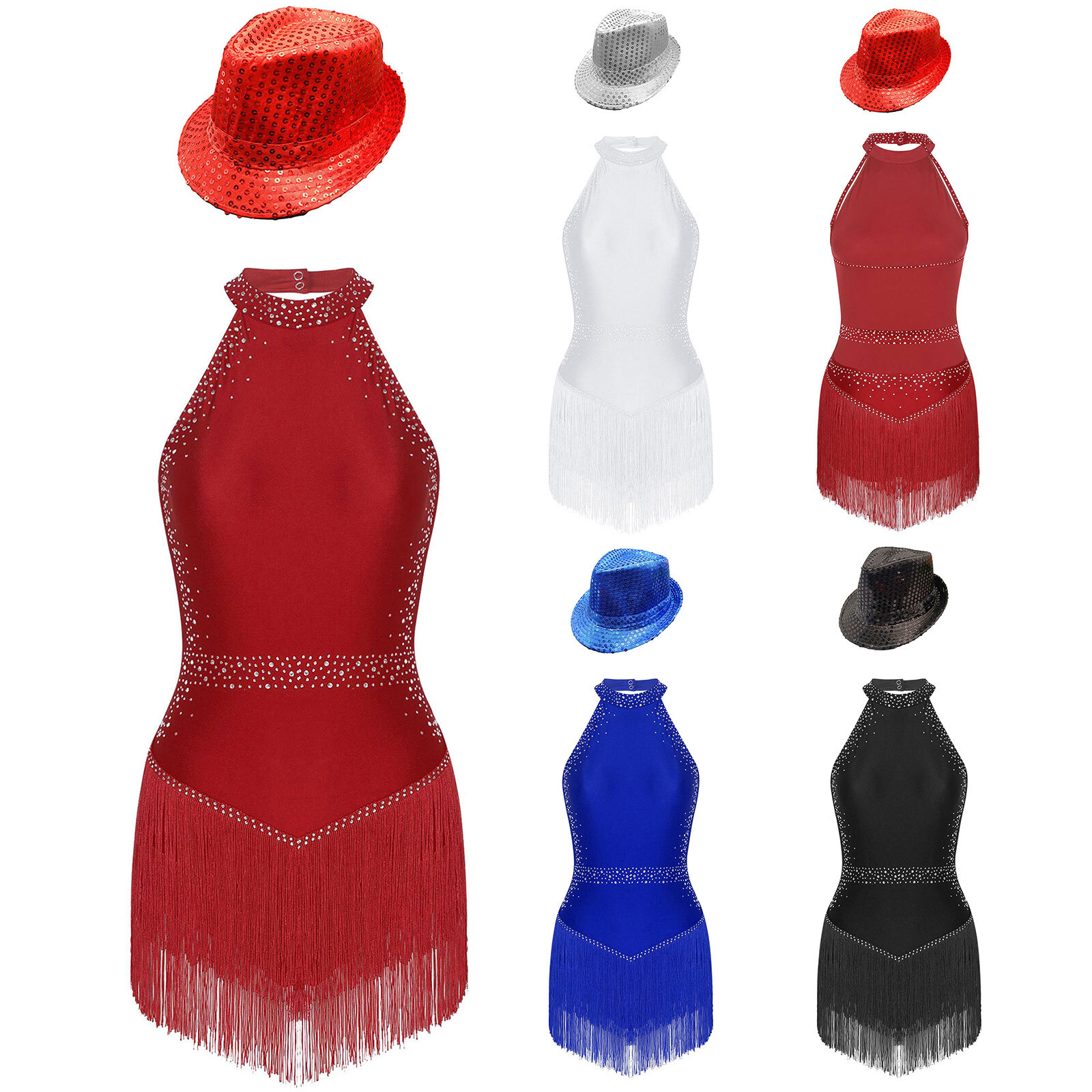 Womens Leotard With Hat Dress Ballroom Dancewear Gymnastics Costume Fringe Set