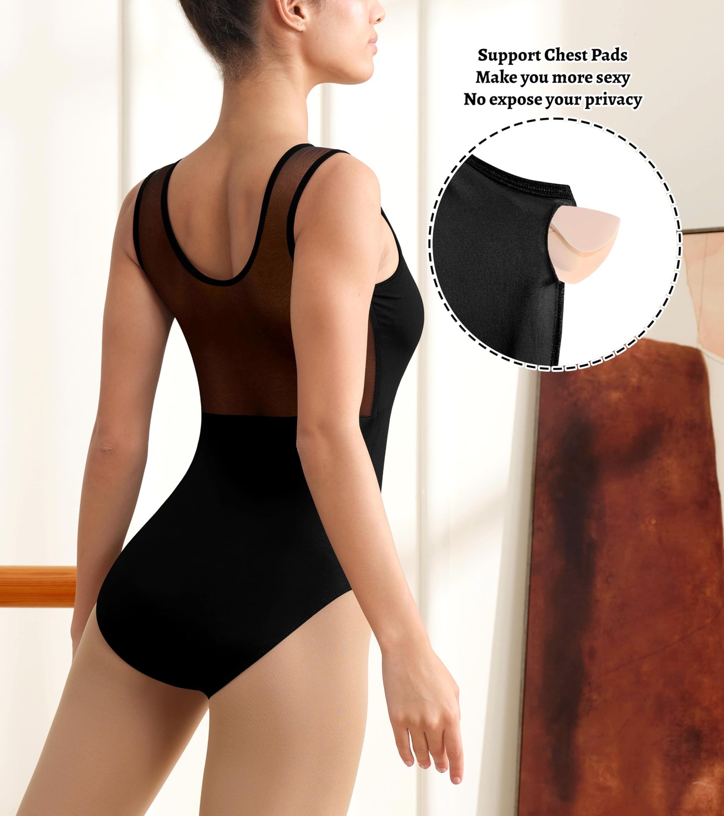 Dance Leotard Women Ballet Mesh Tank Gymnastics Dancewear Chest Padded Lining