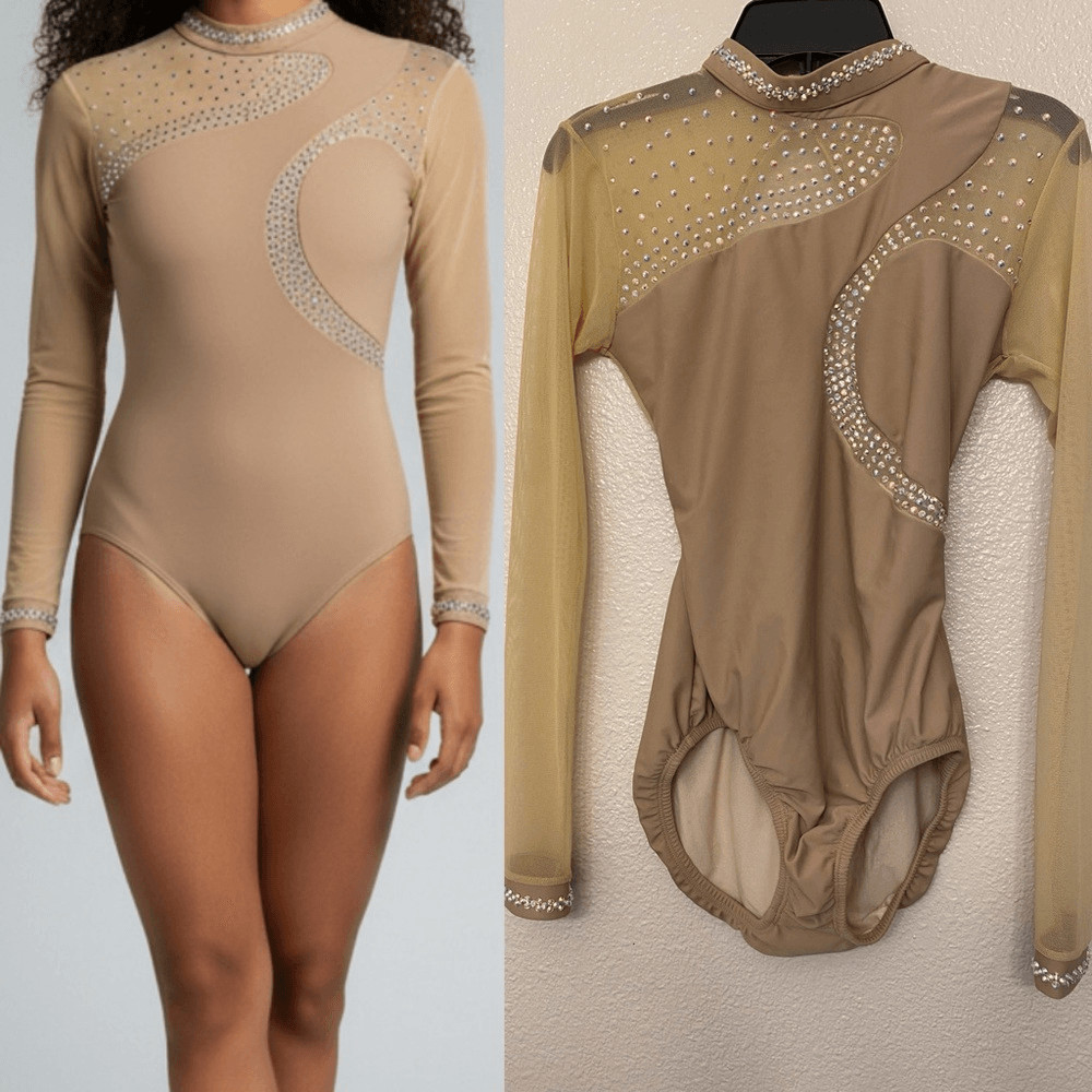 LA dance solo custom tan nude beige long contemporary costume mesh rhinestone MA