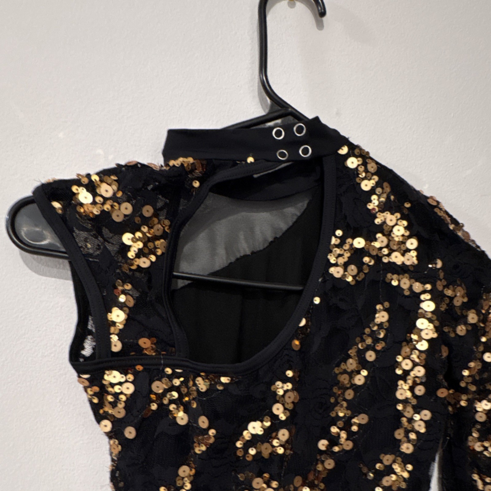 Weissman LC Black Gold Sequin Geometric Print Long Sleeve Dance Leotard