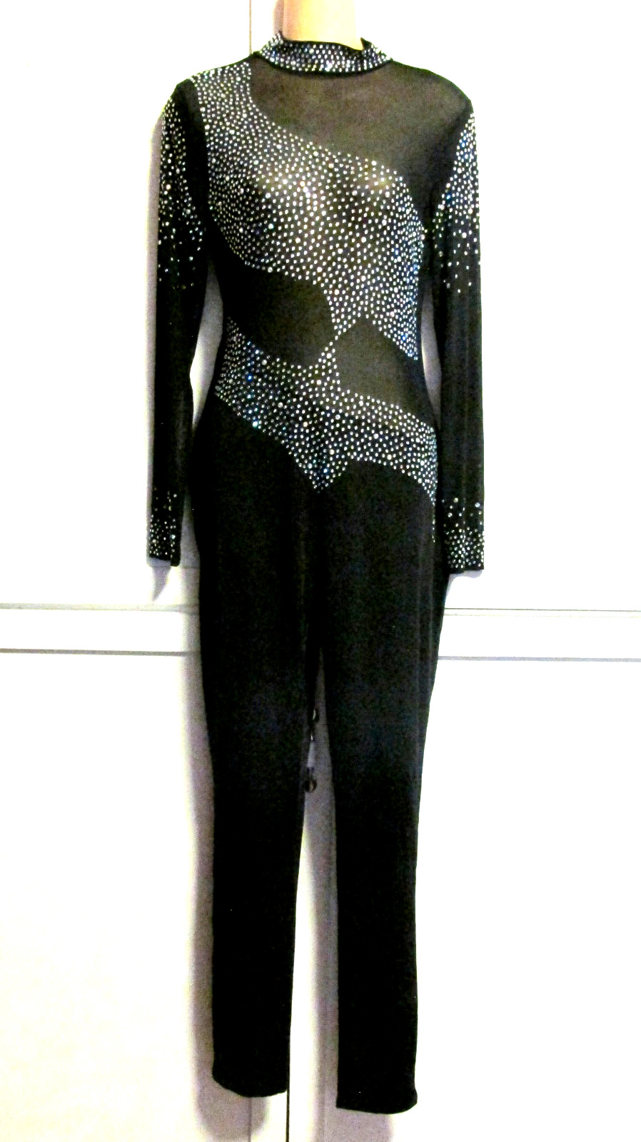 Black Silver Rhinestone Long Sleeve Abstract Unitard Full Body Suit – Women’s M