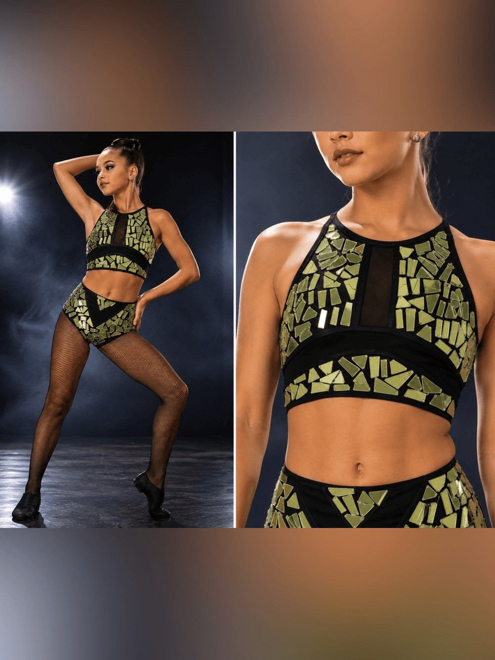 Glamour Green Mosaic Rhinestone 2 Piece Dance Costume Solo Jazz Contemporary SA