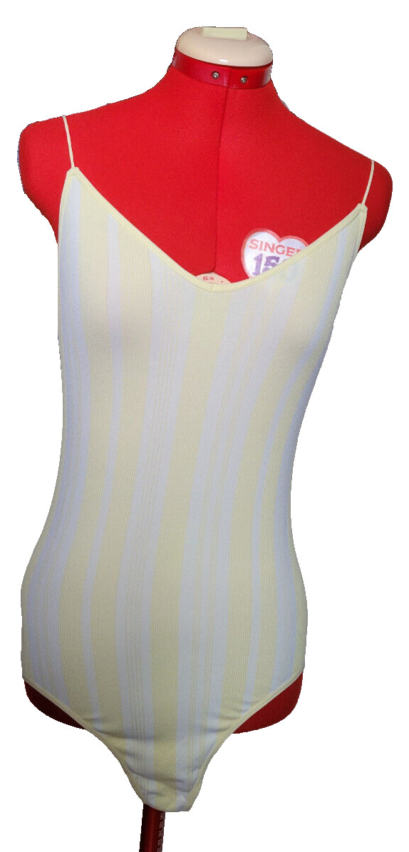 Colsie Yellow/White Stripe Ribbed Stretch Spaghetti Backless Leotard Bodysuit M