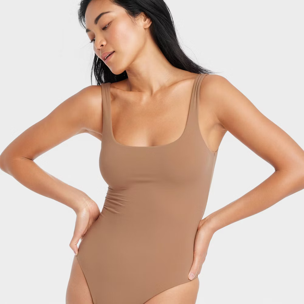 Women’s 4-Way Stretch Tank Bodysuit – Auden Brown S: Nylon Spandex Scoopneck