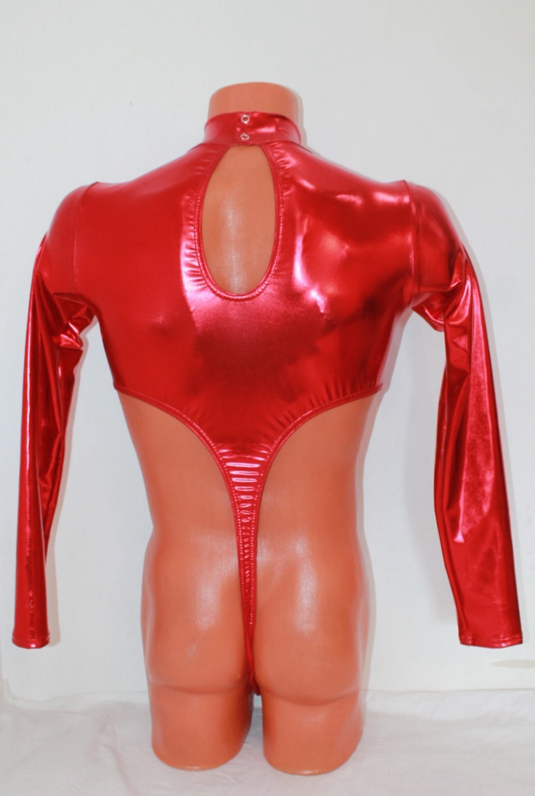 Men Thong Leotard 159-10 High Collar Open Thig Red Metallic Spandex Size XL