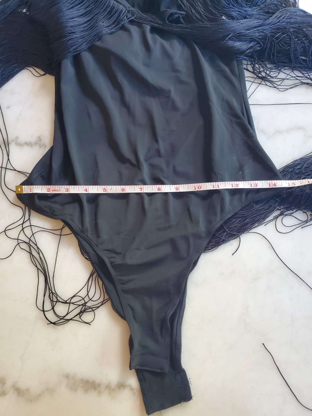 Rose Velvet Tassel Fringe Black Leotard Bodysuit Women’s S Polyester Spandex A5