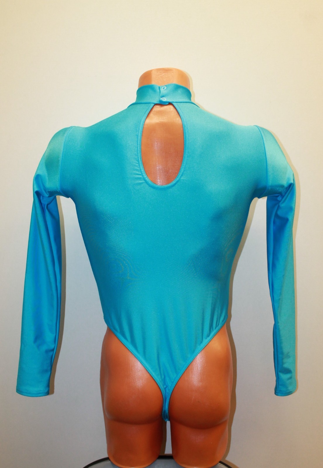 Men Thong Leotard 159-50 Long Sleeve High Collar Hole Crotch Blue Spandex Size M