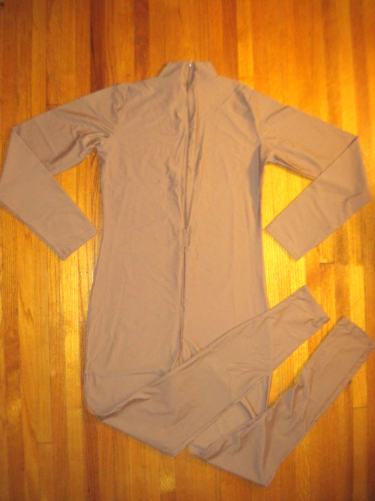 Bal Togs Mocha/Tan Shiny Spandex Long Sleeve T-Neck Foot Less Unitard Sz XL NWT