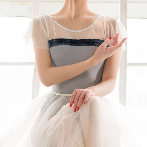 Ballet Leotard with White Flutter Sleeves – Adult’s Dancewear, Elegant Mesh Back
