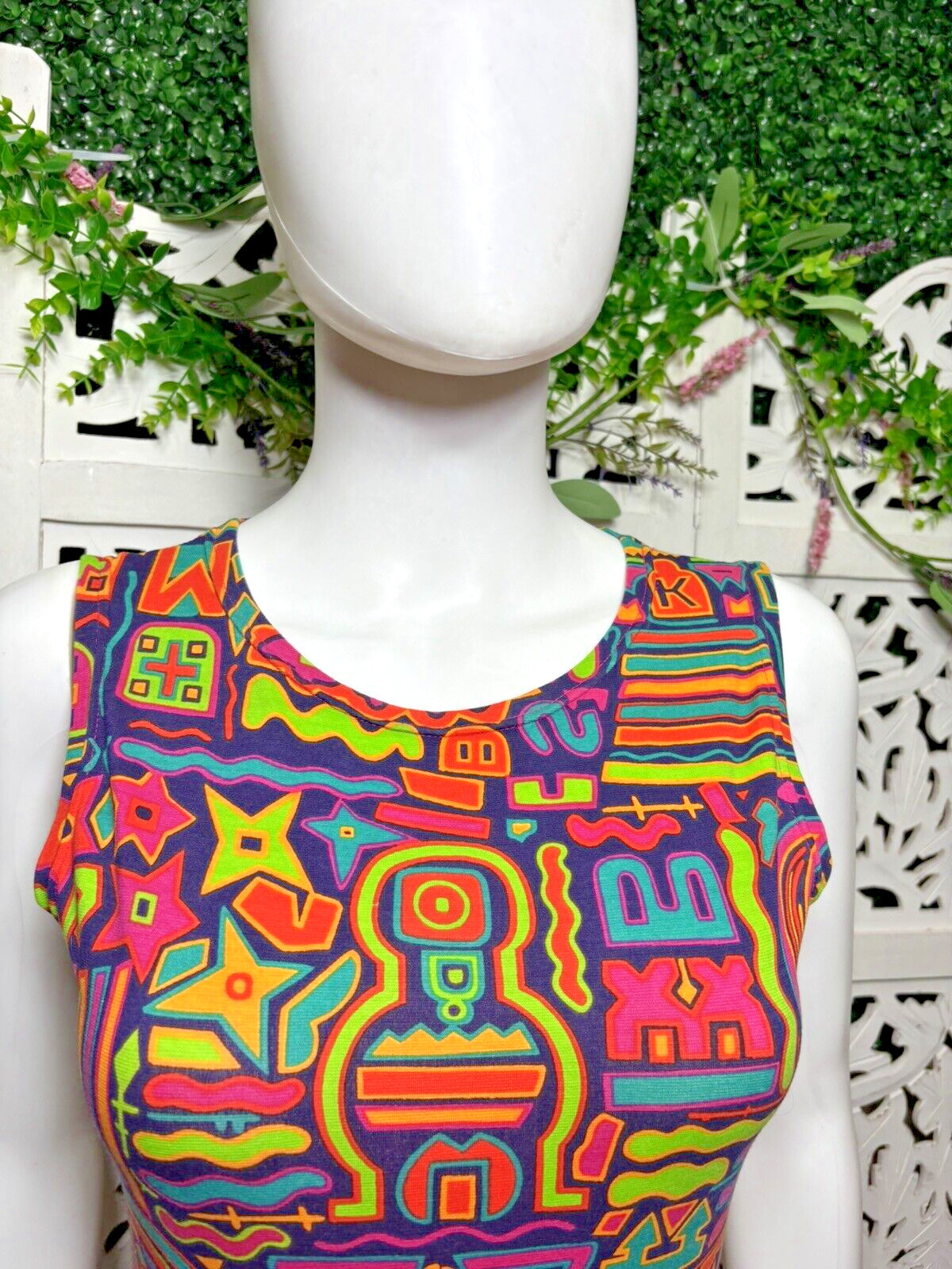 Vintage 80s 90s Anne Klein II Neon Abstract Bodysuit Exercise Gym Leotard Small
