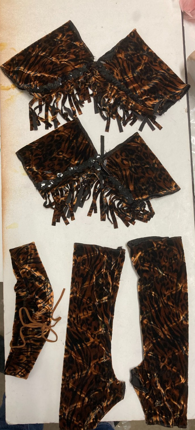 Velvet fringed mitts, Gauntlets belt set of 3 pair child adult feline print