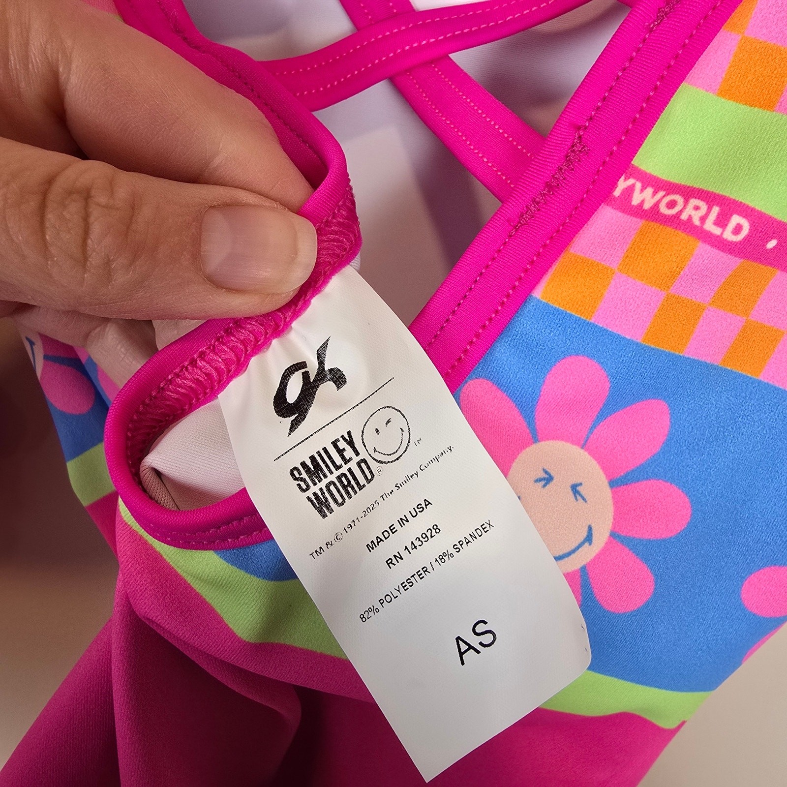 GK Elite Adult Sz S AS Smileyworld Tank Leotard & Scrunchie Gymnastics