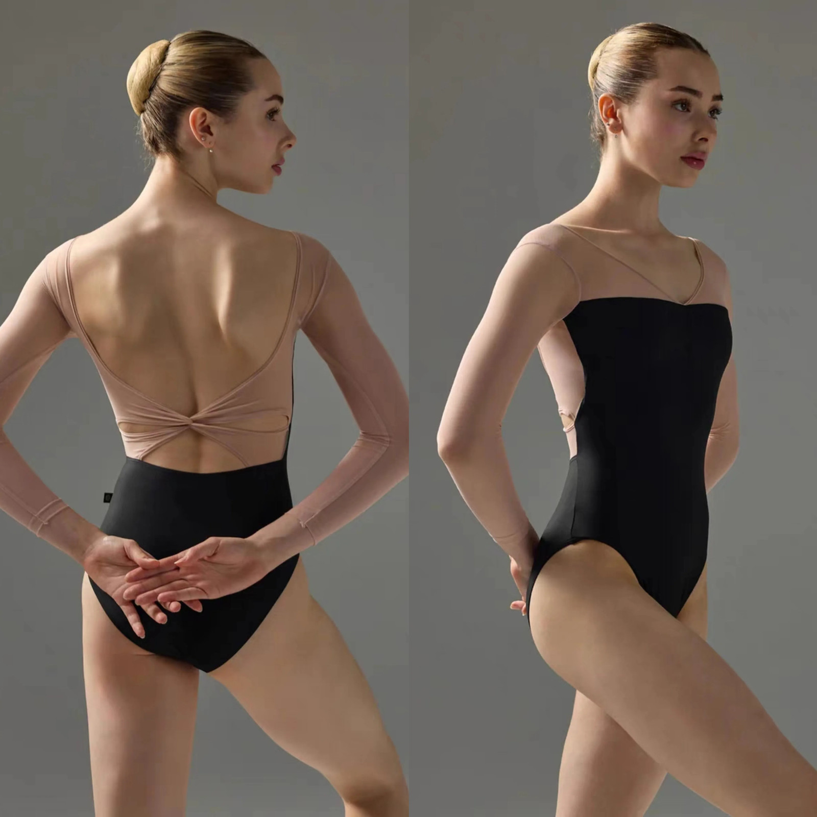 Black Gymnastics Leotards Long Sleeve Patchwork Mesh Bodysuits Adult Costumes