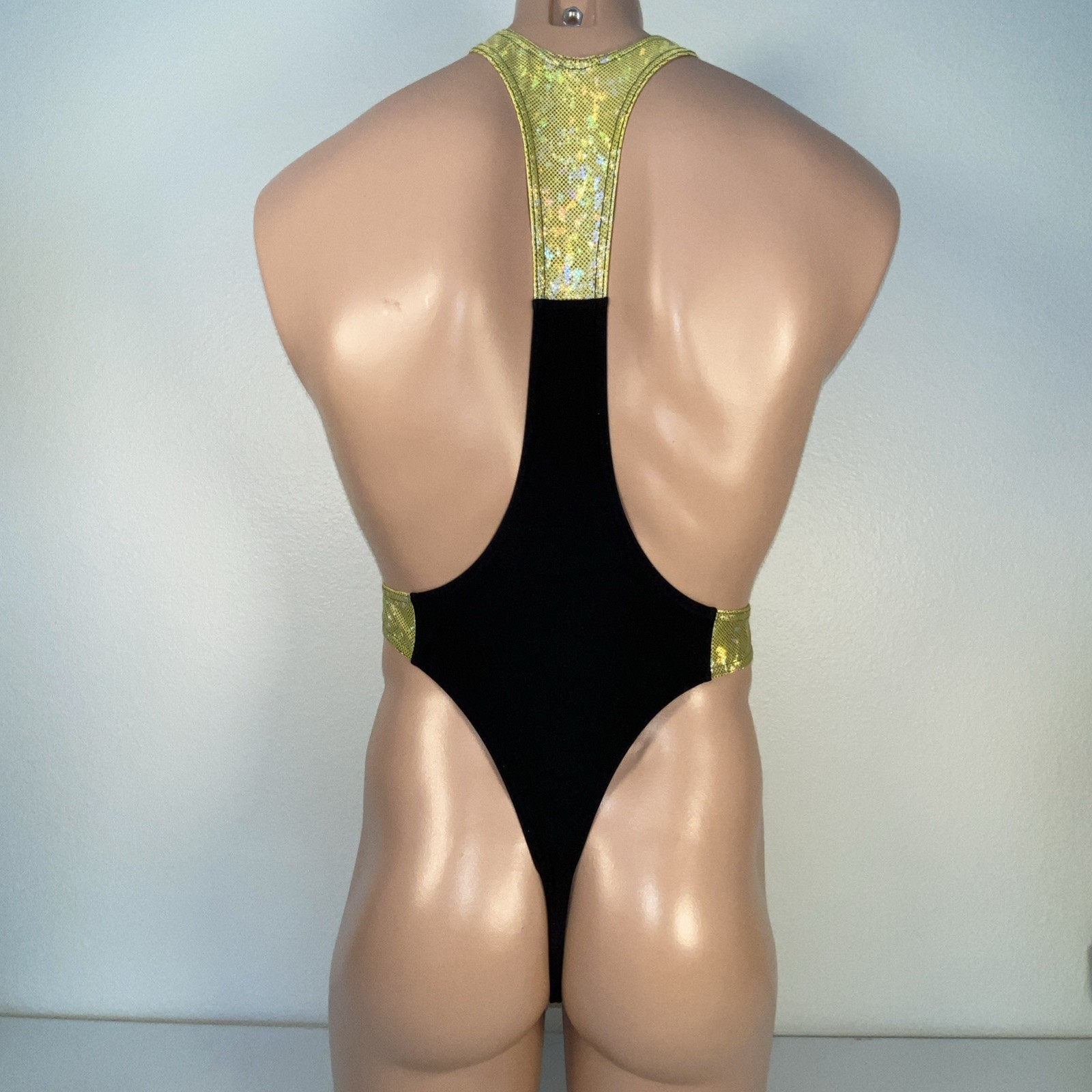 Mens Slingshot Thong Leotard Black Metallic Gold Hologram Microdot Size Medium