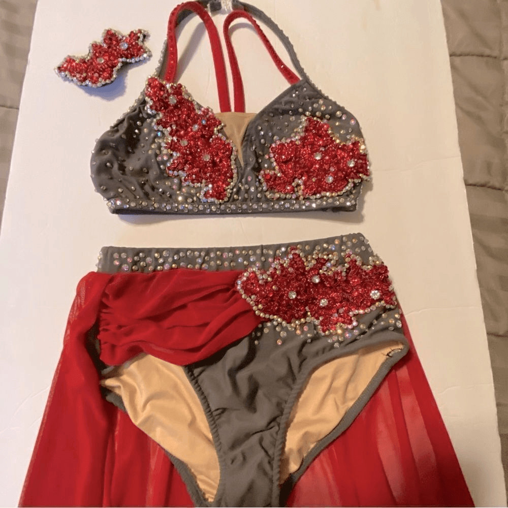 Glamour solo 2 piece dance costume red gray lyrical embellished bling XLC child
