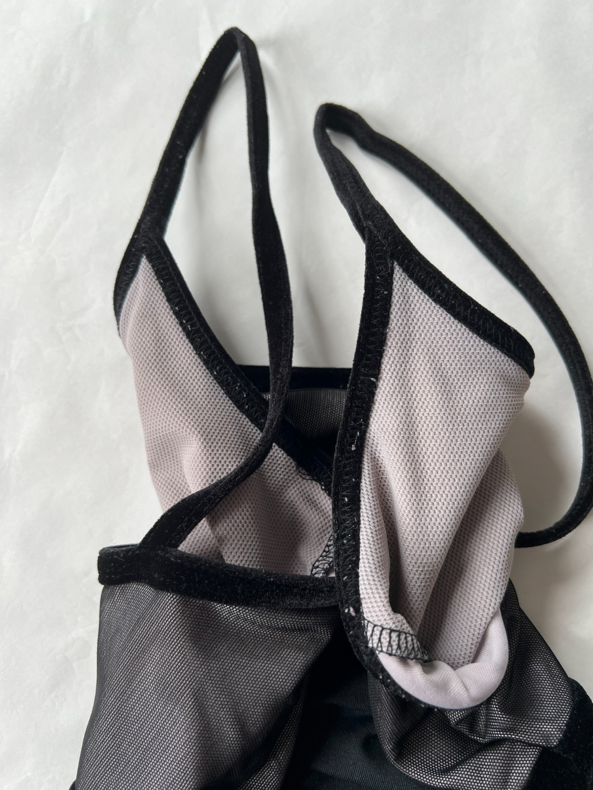 Ainsliewear Black and purple leotard with mesh overlay and velvet trims, size L