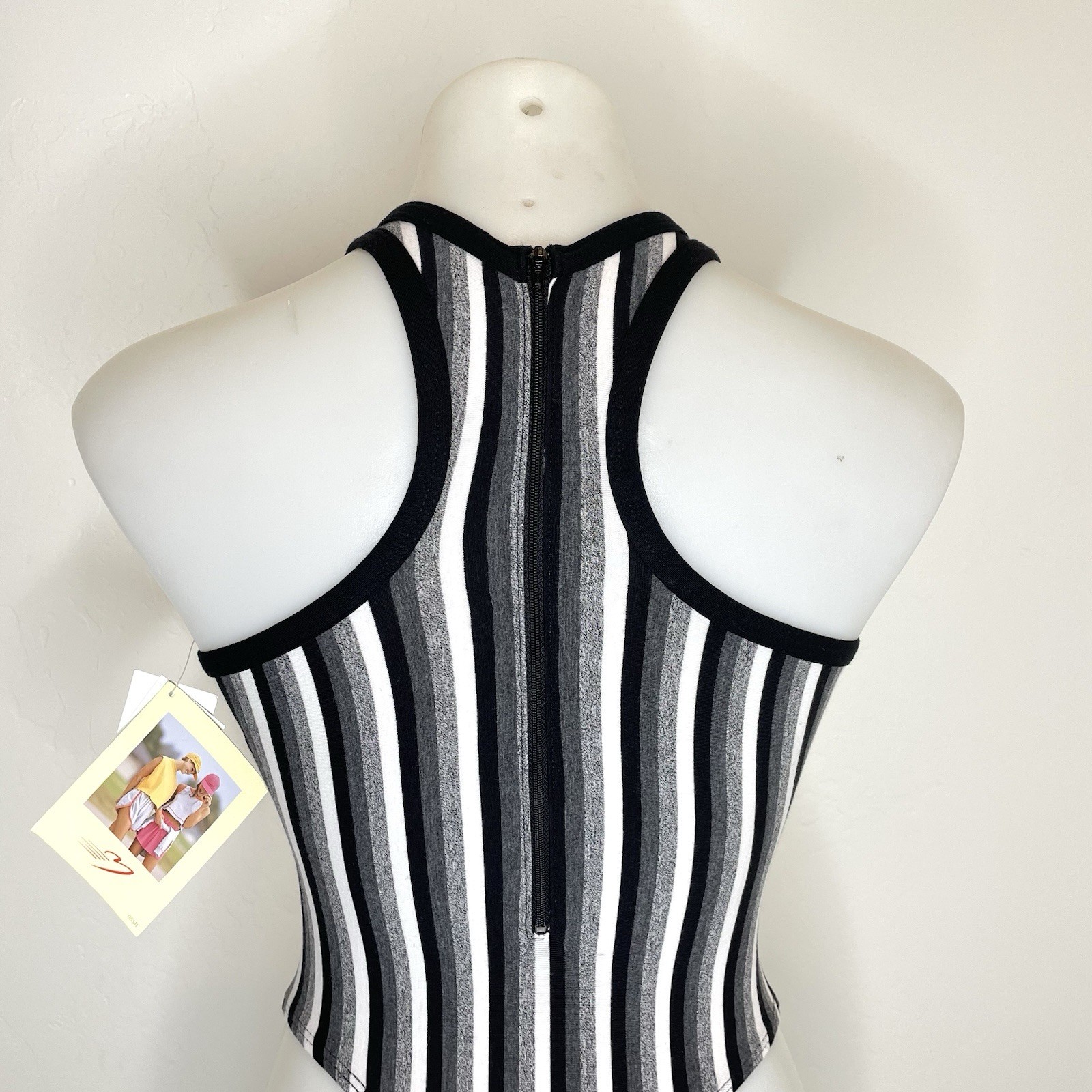 Vintage Marika 80’s Thong Workout Leotard Black Striped Zip Up Womens Medium
