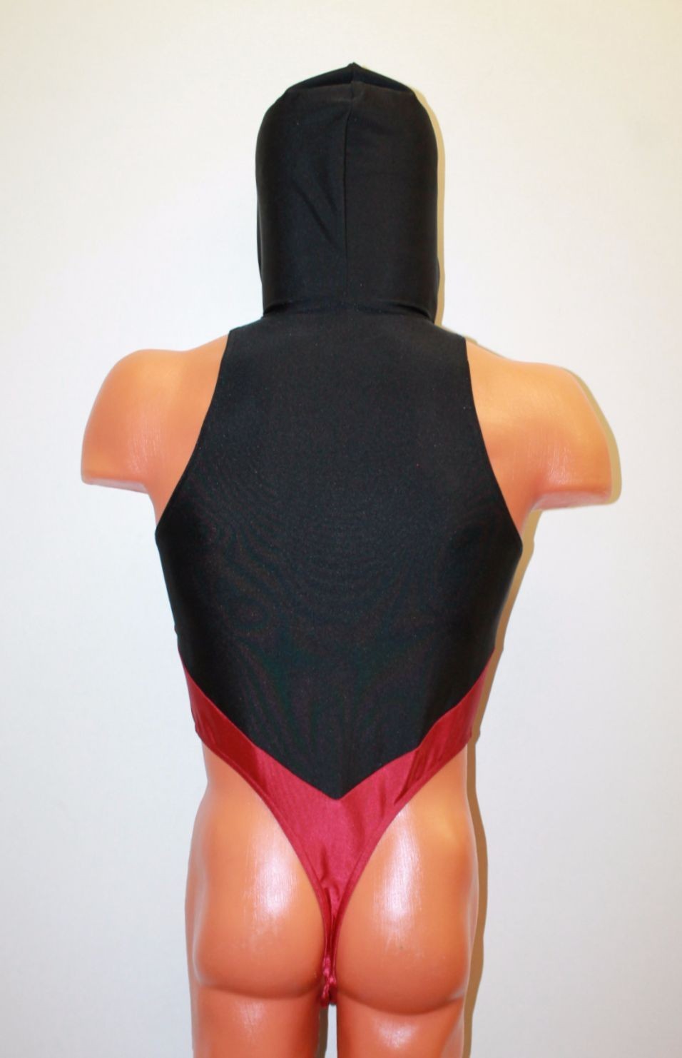 Men Thong Leotard 153-62 Hood Black and Red Spandex Size M
