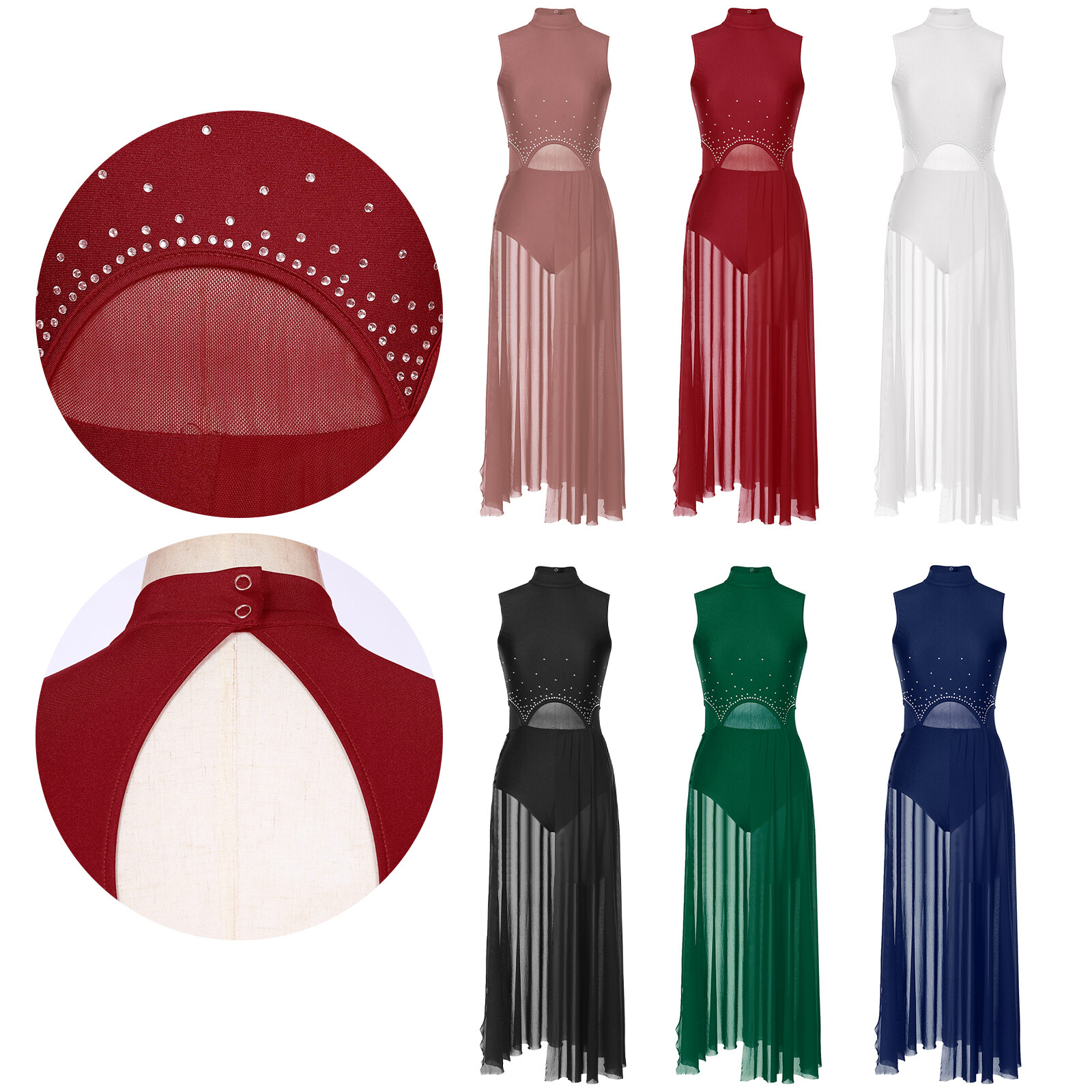 US Womens Leotard Patchwork Rhinestone Sleeveless Dress Party Dancewear Chiffon