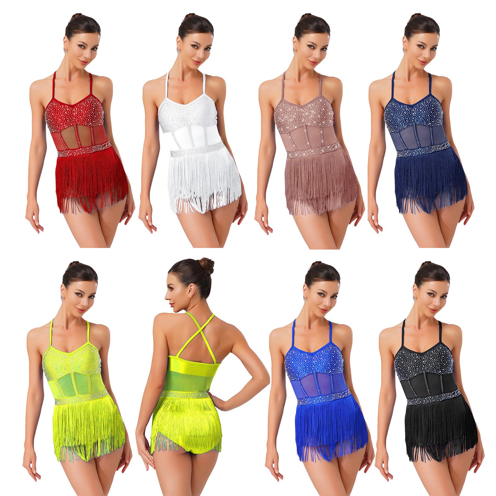 US Women Glittery Rhinestone Latin Jazz Dance Leotard Fringe Leotard Samba Dress