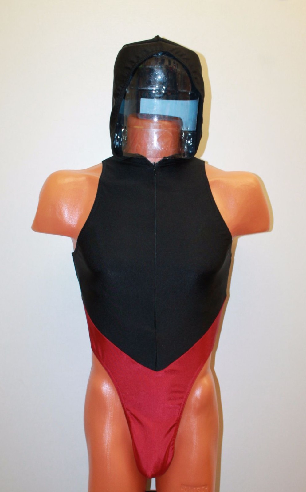 Men Thong Leotard 153-62 Hood Black and Red Spandex Size M