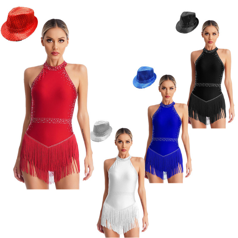 Womens Dress Salsa Dancewear Sparkle Leotard Backless Costume Rhinestones Latin