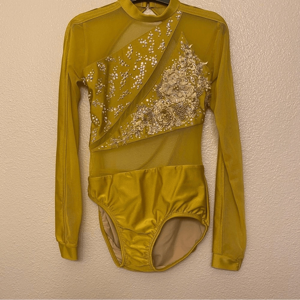 LA dance designs dance custom gold yellow costume embellished rhinestone adult M