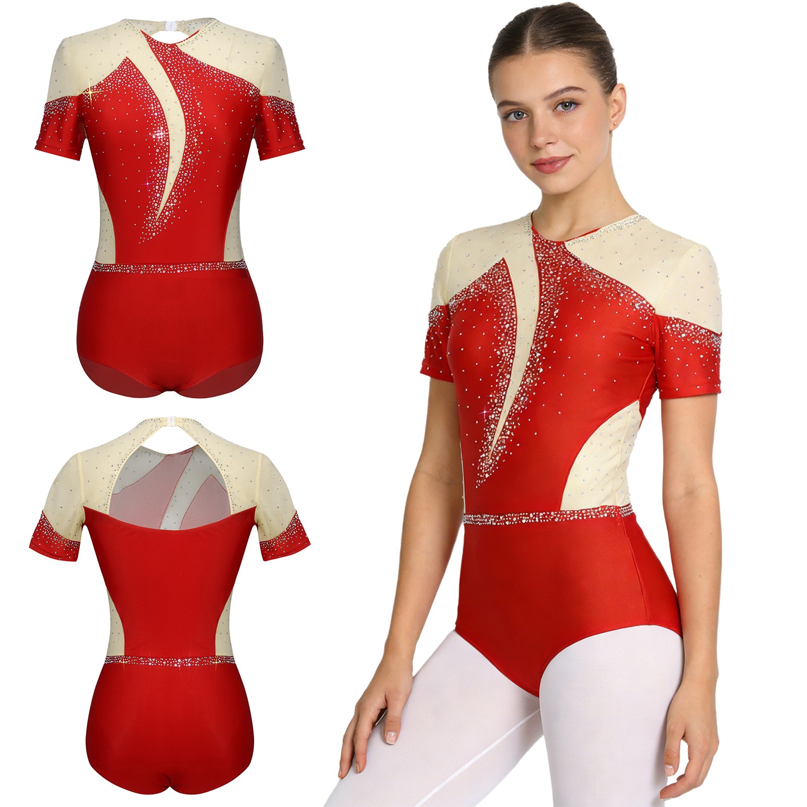 Women Leotard Performance Dancewear Rhinestones Bodysuit Sparkling Dance Mesh