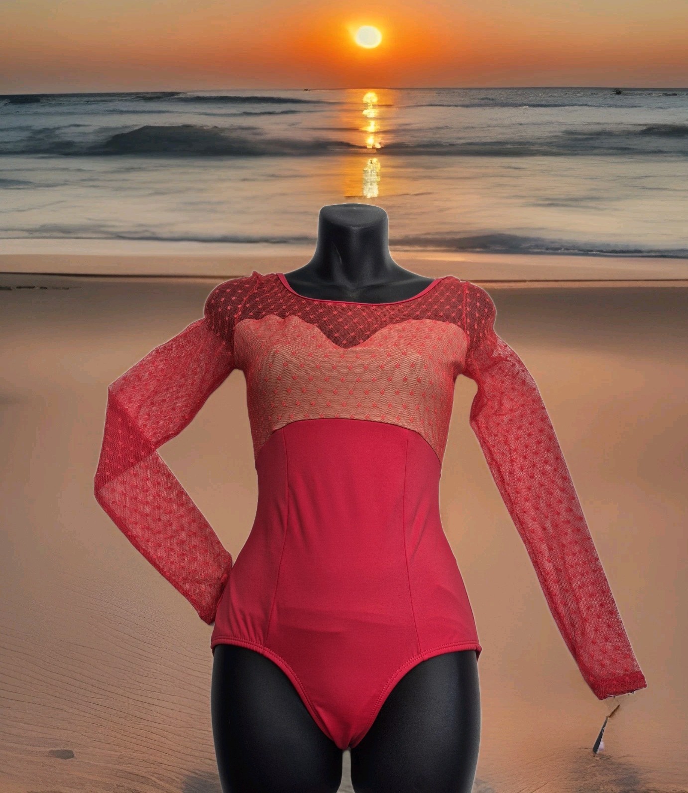 New Womens Medium Tiler Peck Red long-sleeved dance leotard mesh top & sleeves