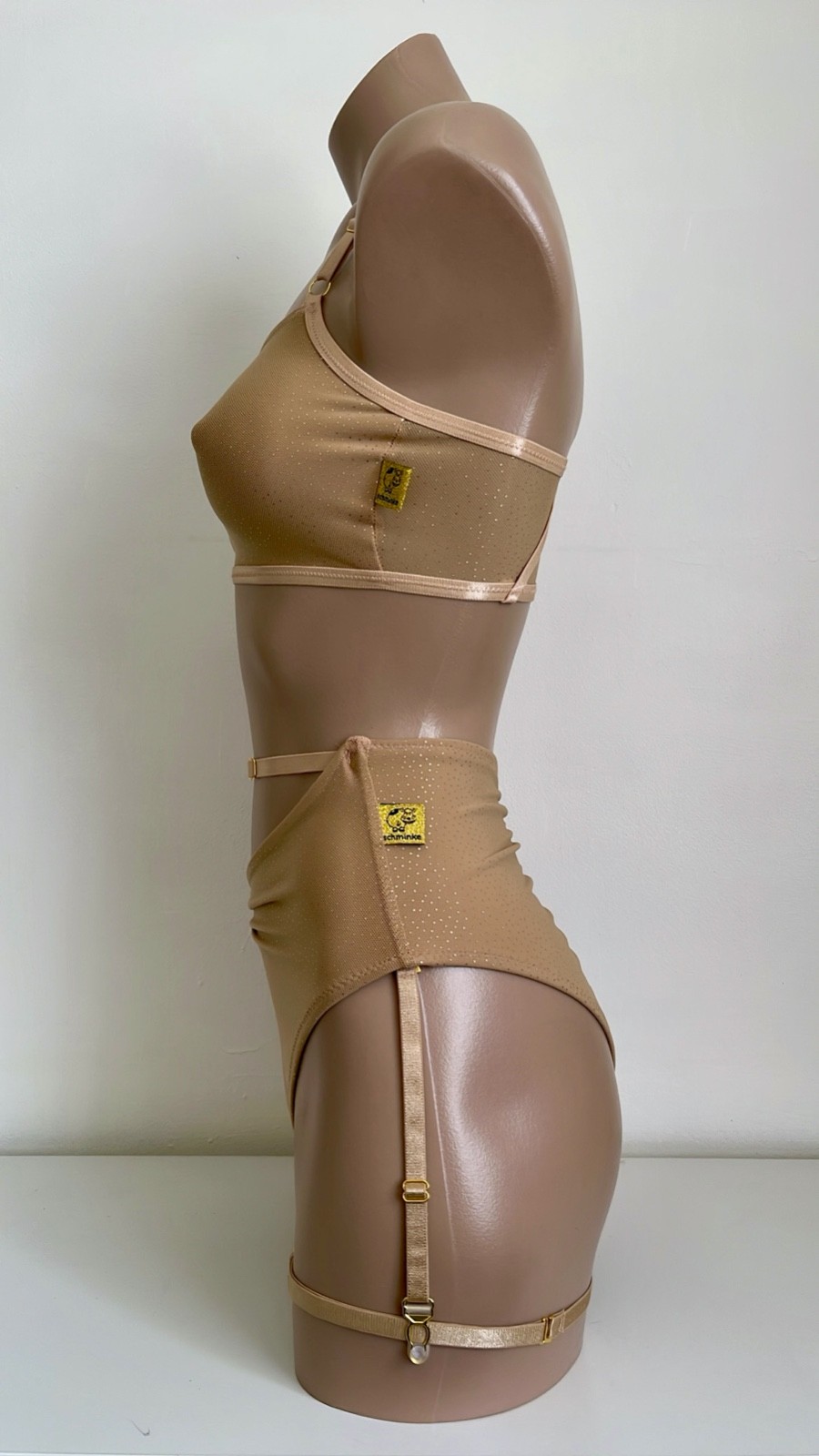 Schminke 👄 pole dance wear sheer nude gold mesh crop top & bottoms high waist