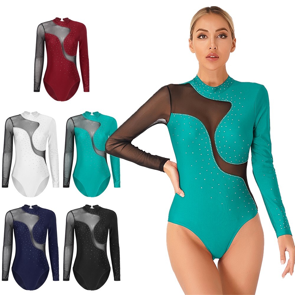Womens Color Block Long Sleeve Bodysuit Leotard for Gymnastics Figure Skating