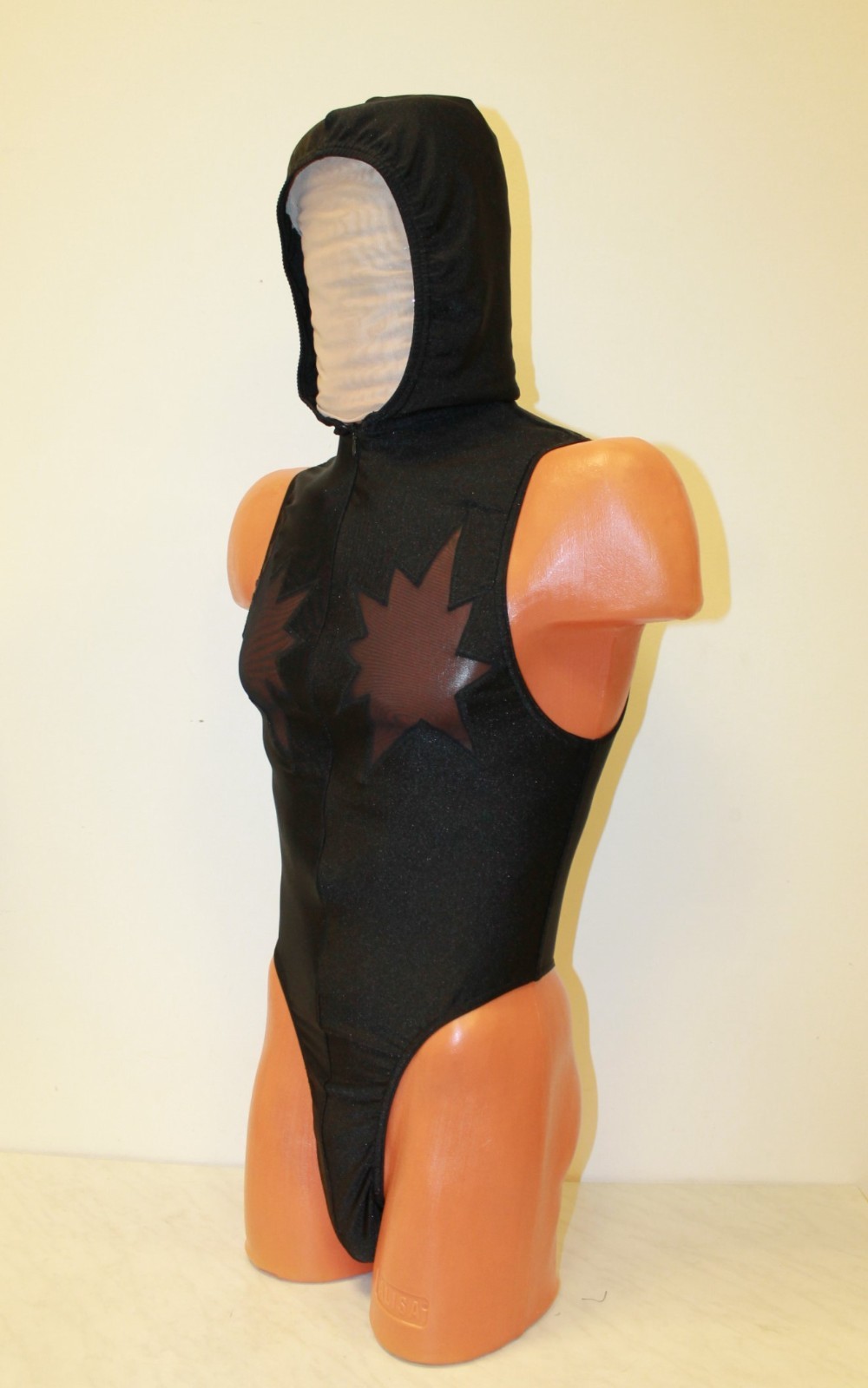 Men Thong Leotard 153-70 Hood Zipper Front Black Spandex and Black Mesh Size M