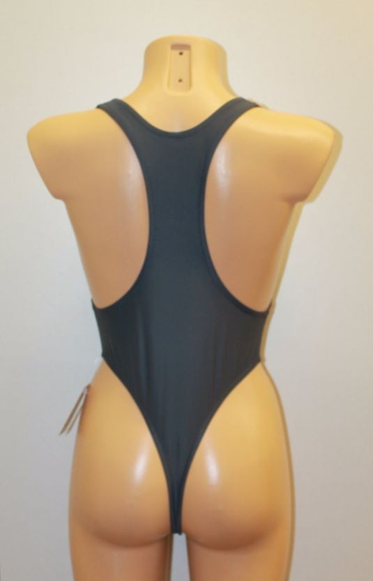 Women Thong One-piece Leotard 202-17 Racerback Open Chest Gray Spandex Size S