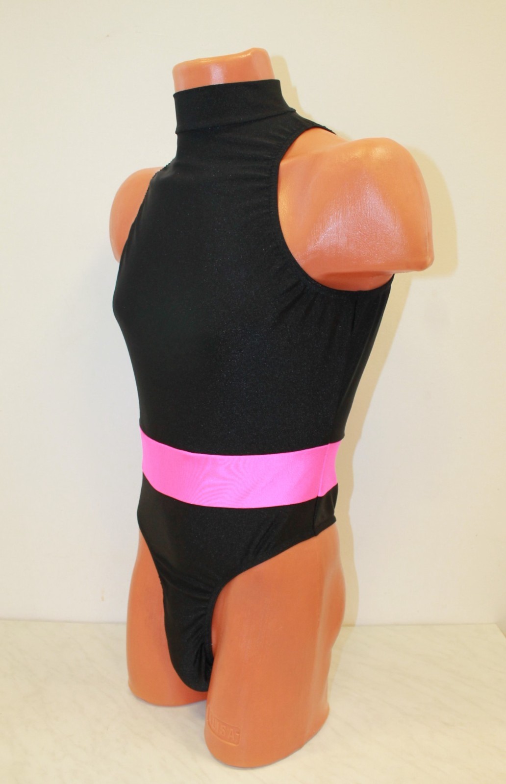 Men Thong Leotard 154-28 High Collar Black and Pink Spandex Size M