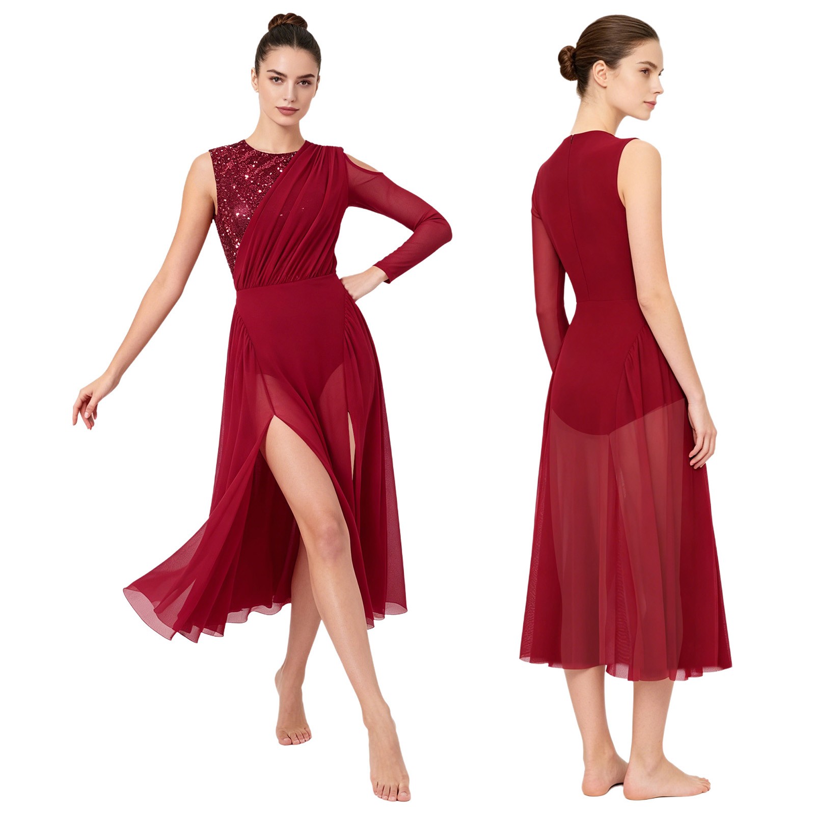 Women Jumpsuit Long Sleeve Dancewear Cold Shoulder Dress Lyrical Sequined Legs