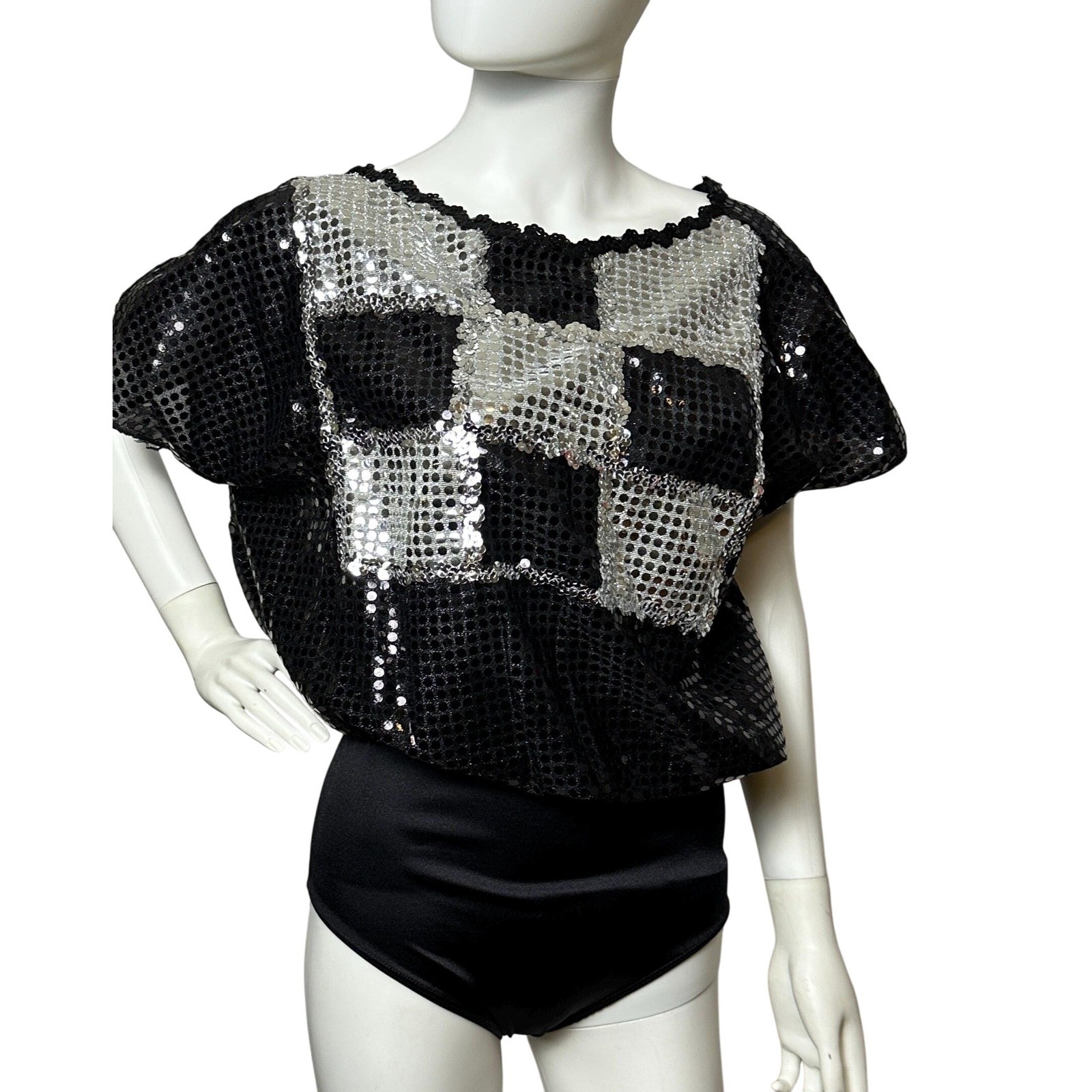 Vintage 80s women’s Dance costume leotard bodysuit Silver Black Squares XL