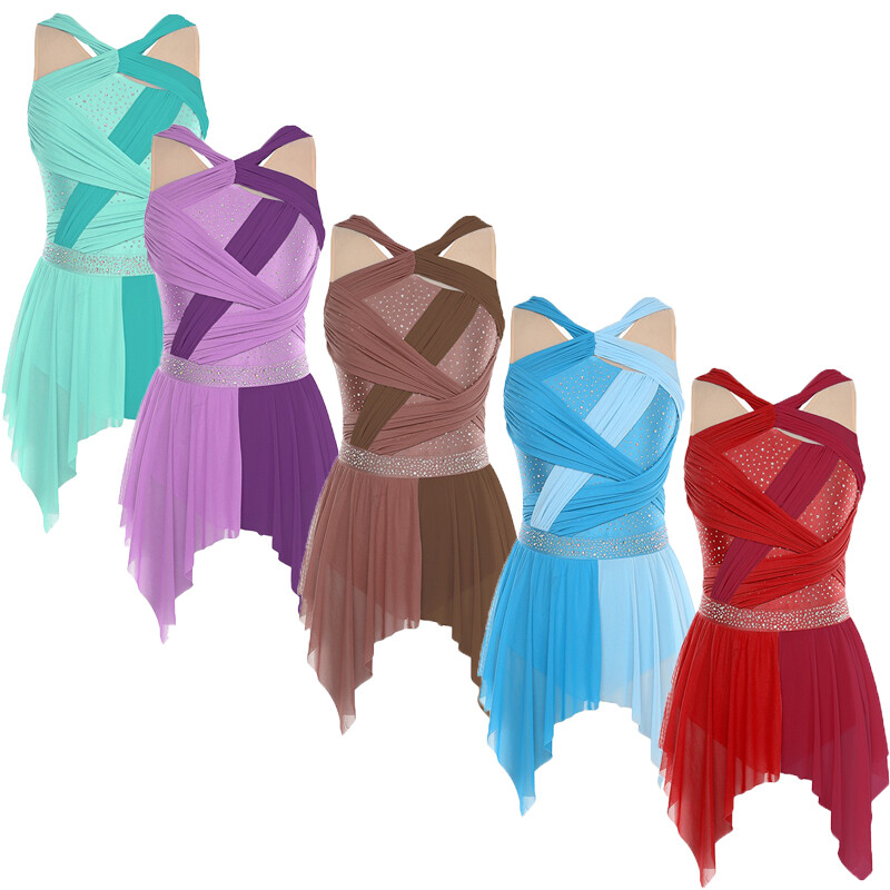 US Womens Dress Color Block Costume Ballet Dancewear Knot Lyrical Ballroom Dance