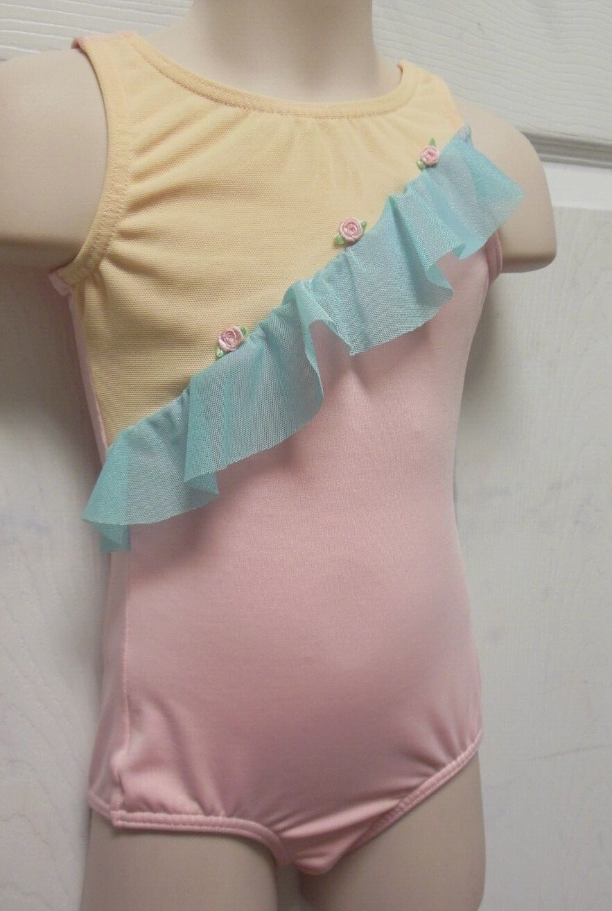 Body Wrappers 3 color ruffled leotard girls sizes pink blue yellow with rosettes