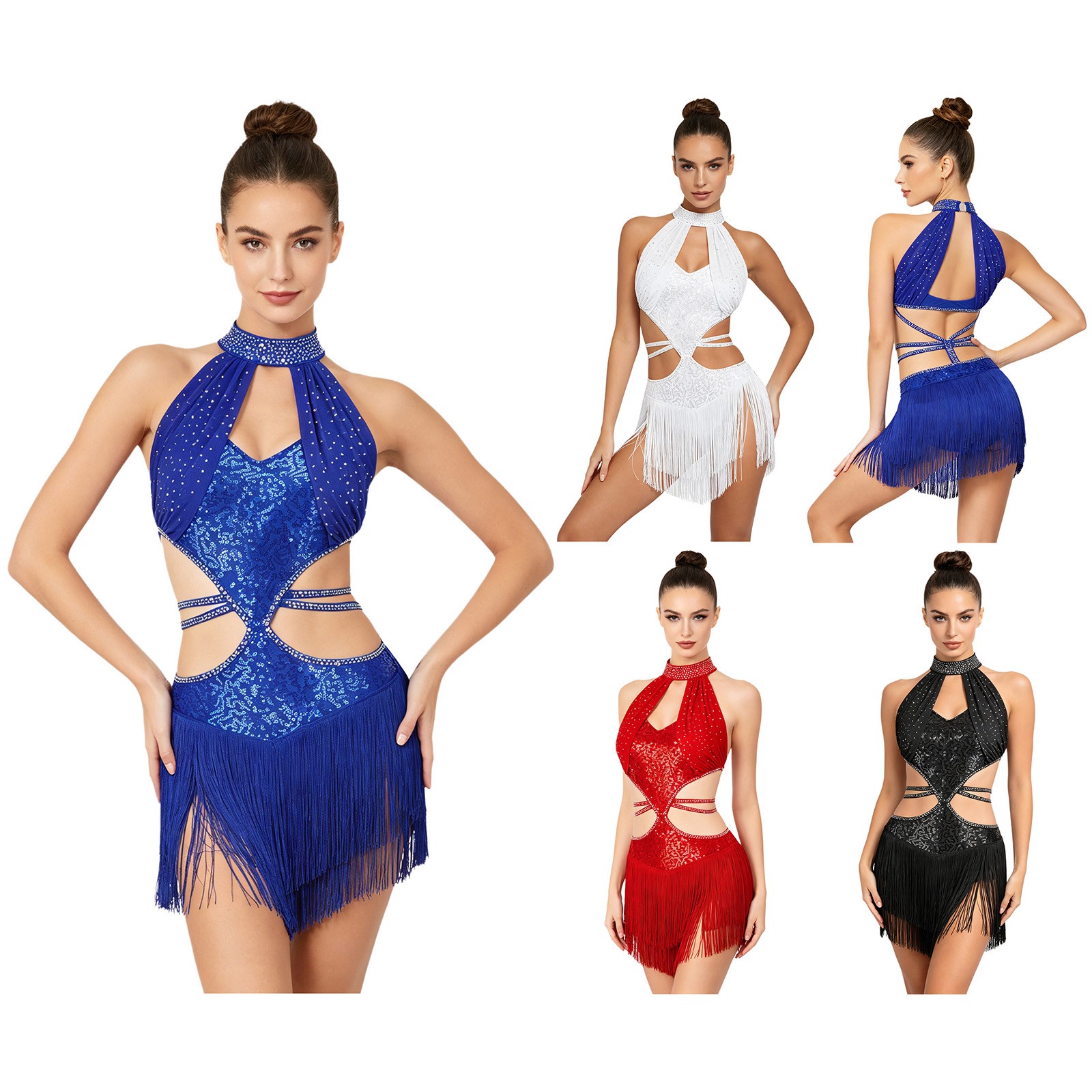 US Womens Bodysuit Fringe Dress Party Leotard Dresses Latin Performance Dance