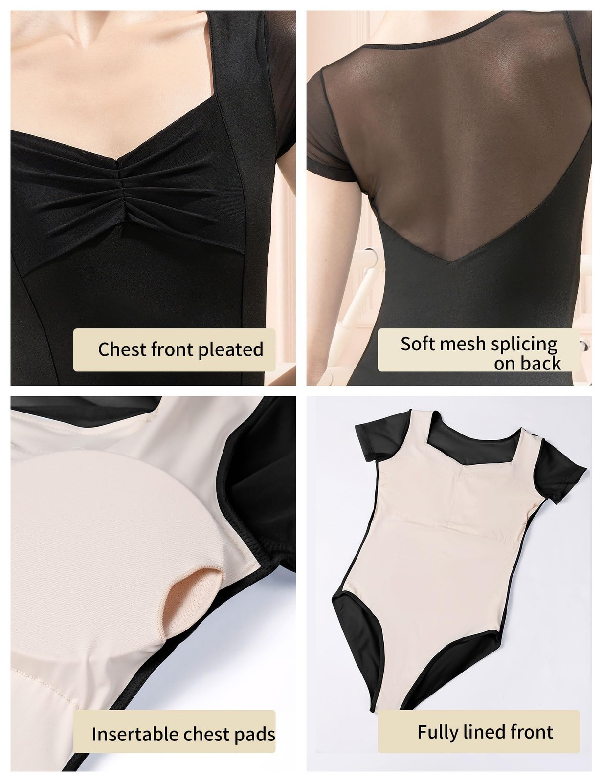 DanceDaily Women Black Dance Leotards High X-Small, Short Sleeve-black