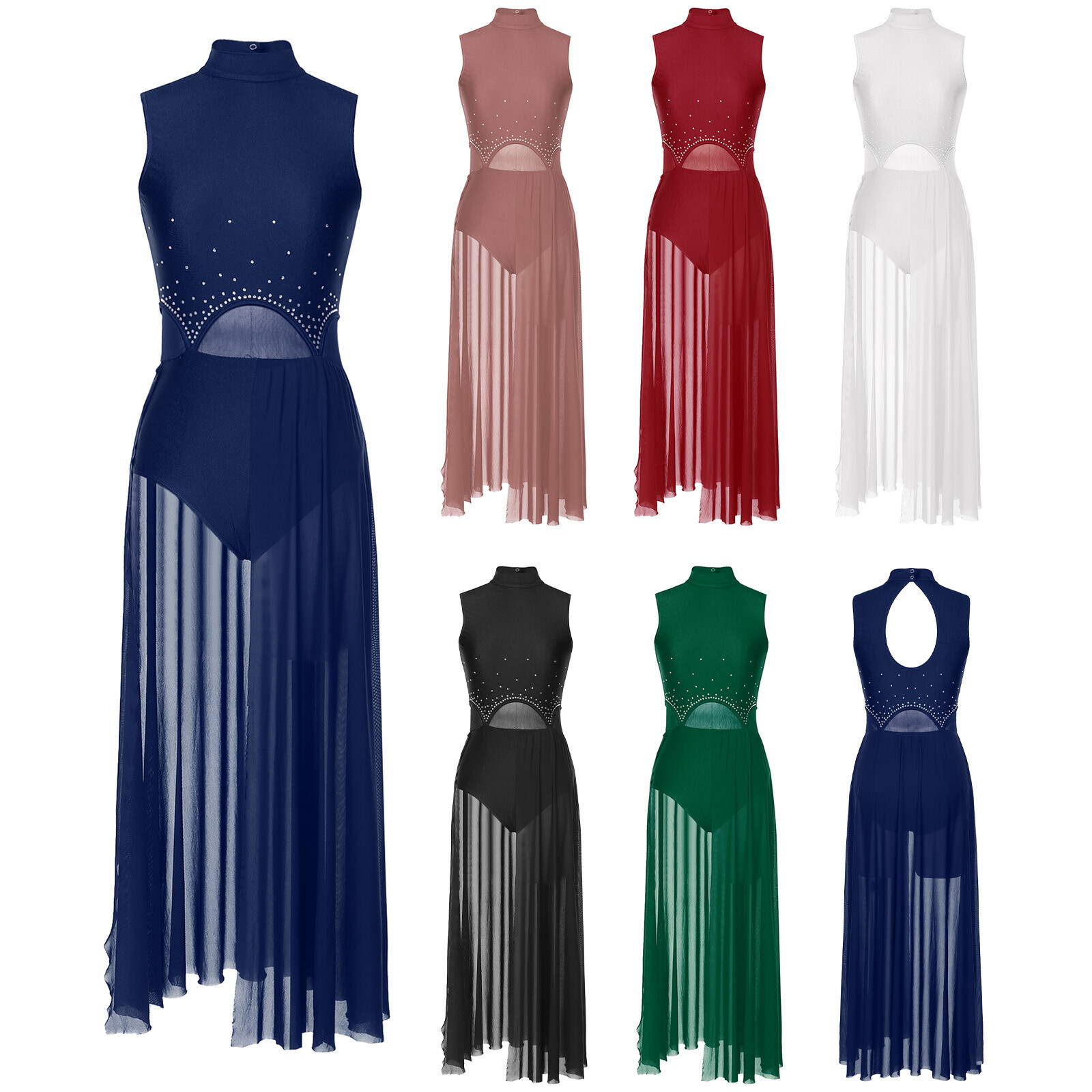 US Womens Leotard Patchwork Rhinestone Sleeveless Dress Party Dancewear Chiffon