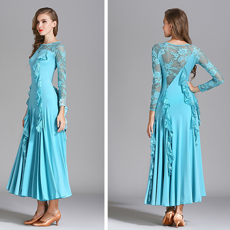 Women Long Sleeve Swing Dance Dress Modern Waltz Professional Ballroom Dancewear