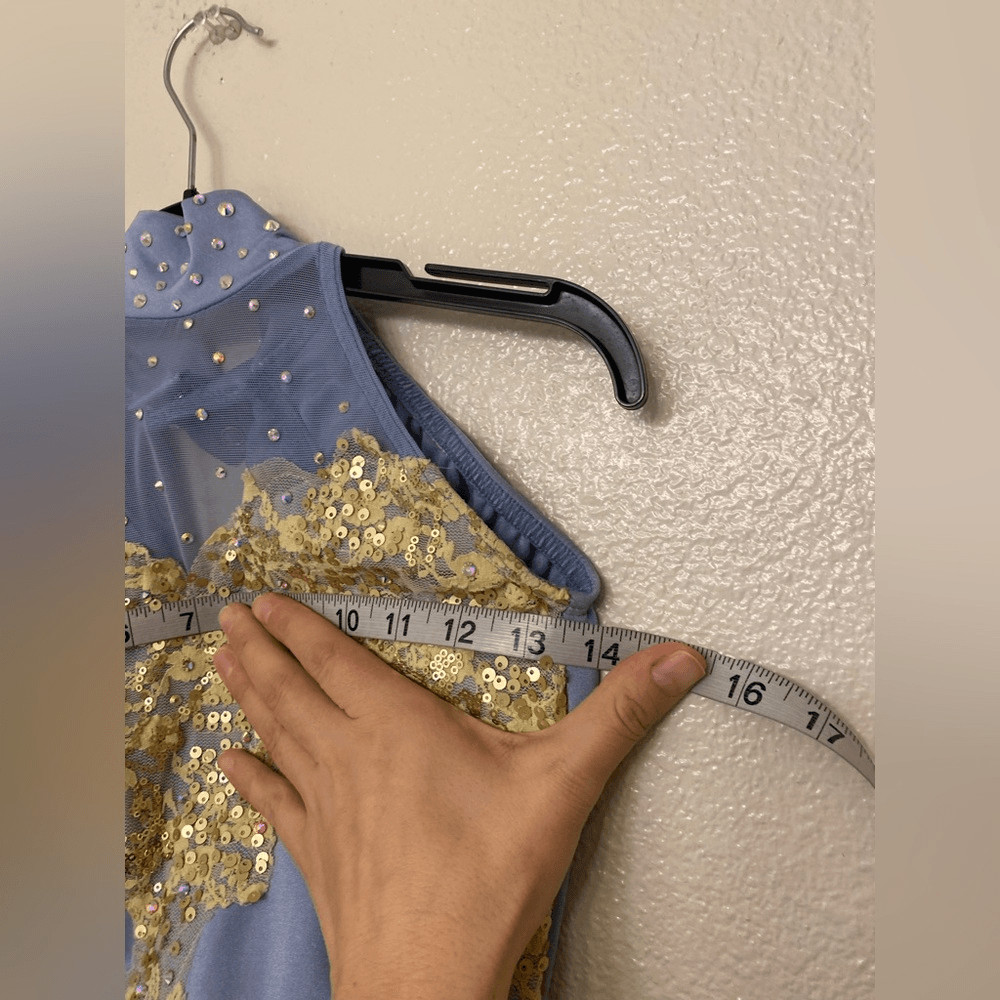 Kelle dance solo costume light powder blue gold leotard drape back LC child