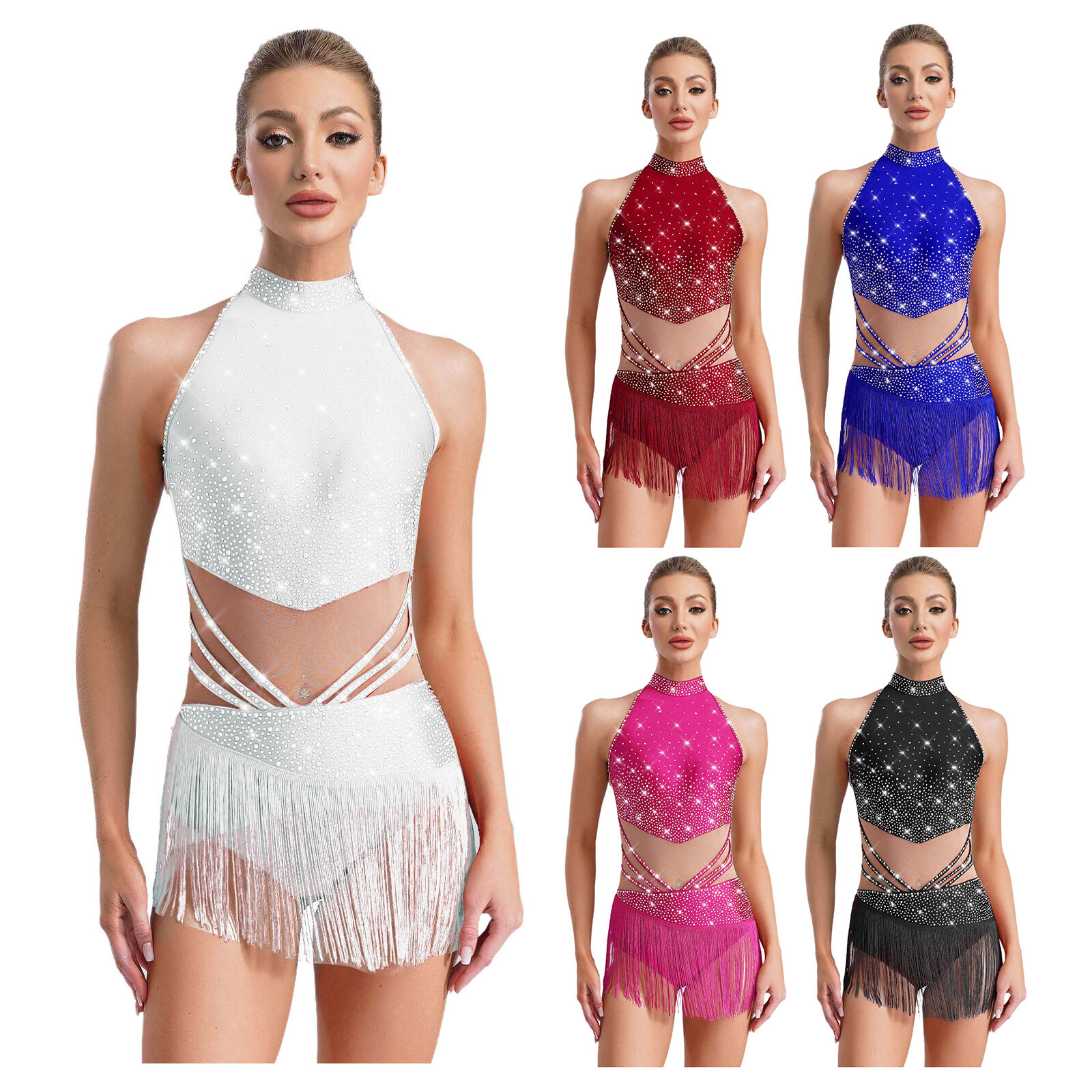 Women Dancewear Party Costume Rumba Bodysuit Cocktail Sleeveless Adorned Latin